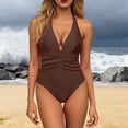 thumbnail image 1 of Women's One Piece Swimsuit Halter Plunging Deep V Neck Bathing Suit Bodycon Ruched Adjustable Straps, 1 of 5