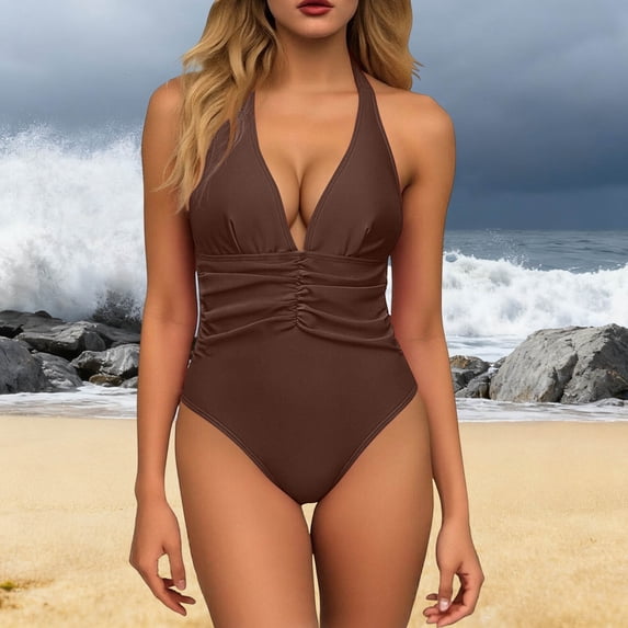 Women's One Piece Swimsuit Halter Plunging Deep V Neck Bathing Suit Bodycon Ruched Adjustable Straps