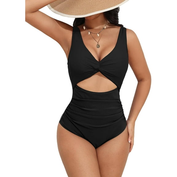Women's One Piece Swimsuit High Waisted Bathing Suit Cutout Monokini V Neck Swimwear S-2XL