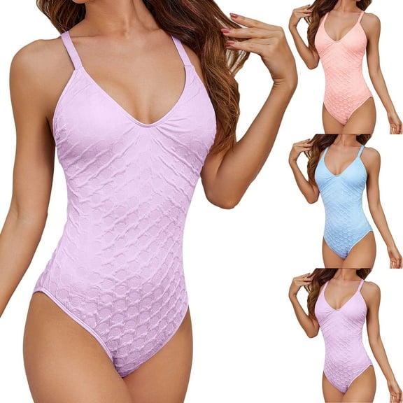 Women's One Piece Swimsuit High Waisted V Neck Halter Bathing Suits Purple,XL