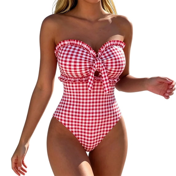 Women's One Piece Swimsuit Plaid Print Strapless Tie Back Bathing Suit