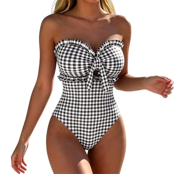 Women's One Piece Swimsuit Plaid Print Strapless Tie Back Bathing Suit