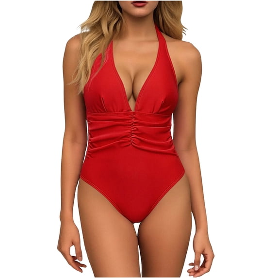 Women's One Piece Swimsuit Plunging Deep V Neck Halter Bathing Suit Ruched Self Tie Red
