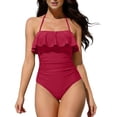 thumbnail image 1 of Women’s One Piece Swimsuit Ruched Ruffle Bathing Suits Halter Adjustable Slimming Swimwear 2026,Wine,L, 1 of 6
