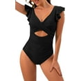 thumbnail image 1 of Women's One Piece Swimsuit Ruffle Cutout Bathing Suits Slimming Tummy Control V Neck Wrap Swimwear Black, 1 of 7