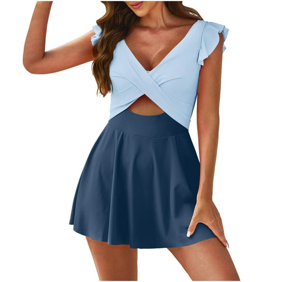 Husipze Women's One Piece Swimsuit Ruffle Cutout Swimdress Tummy Control V Neck Wrap Bathing Suit Color Block Swimwear Light Blue L