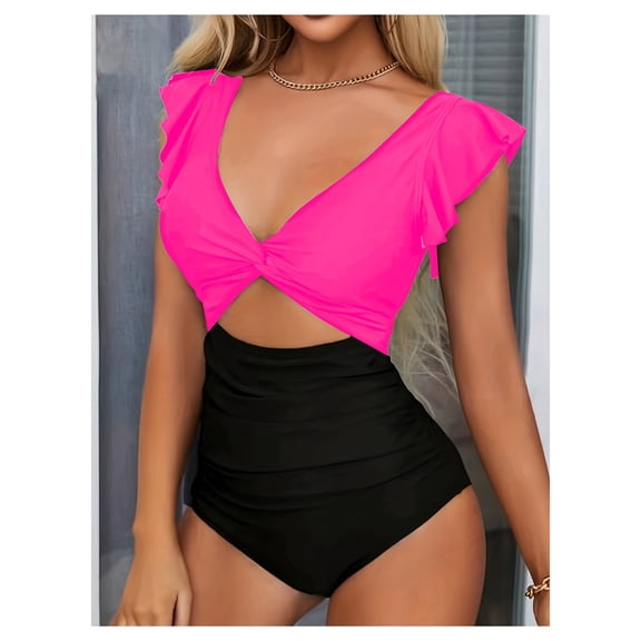 Women's One Piece Swimsuit Ruffle Cutout Swimdress Tummy Control V Neck Wrap Swimwear for Women Stylish Bathing Suits