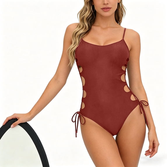 Women's One Piece Swimsuit Scoop Neck Side Cut Out Straps Swimwear Backless Monokini Beachwear