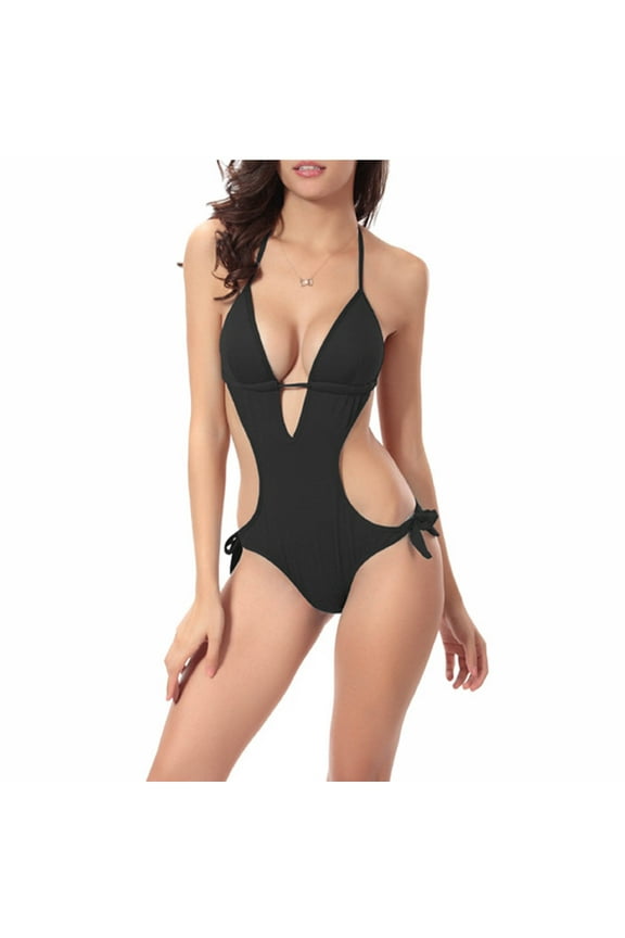 Women's One Piece Swimsuit Sexy Backless Tie Halter Lace-up High Cut String Solid Color Monokini Bathing Suit