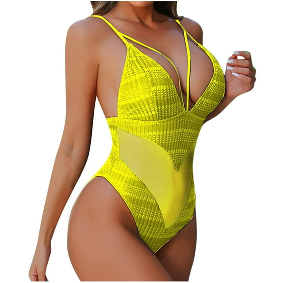 Women's One Piece Swimsuit Sexy Mesh Hollow-Out Bathing Suit V Neck Tummy Control Swim Suits