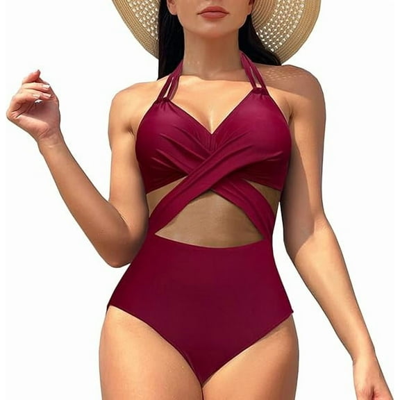 Women's One Piece Swimsuit Sexy V Neck Mesh Bathing Suit Tummy Control High Waisted Swimsuits Monikini Plus Size