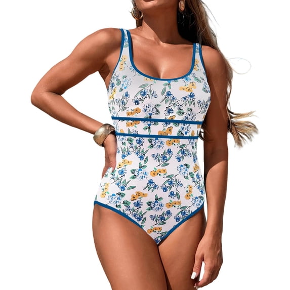 Women's One Piece Swimsuit Slimming Hide Belly Floral Print Bathing Suit Crew Neck Sleeveless Swimwear (L, Multicolor)
