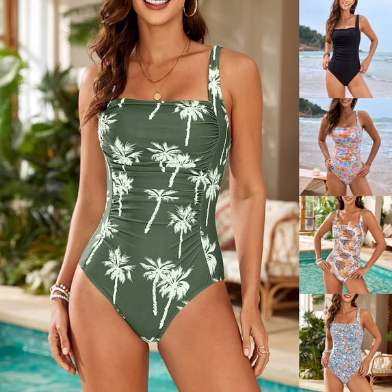 Women's One Piece Swimsuit Solid Color Floral Print with Removable Bra Pads No Underwire Bikini Style for Beach Vacation,Yellow,XL