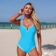 thumbnail image 1 of Women's One Piece Swimsuit Sports Adjustable Strap Tummy Control Deep V Neck Bathing Suit Color Block Ribbed High Cut Swimsuits Sky Blue S, 1 of 7