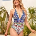thumbnail image 1 of Women's One Piece Swimsuit Sporty Halter Deep V Neck Printed Tummy Control Bathing Suit High Cut Lace Up Swimsuits White M, 1 of 8