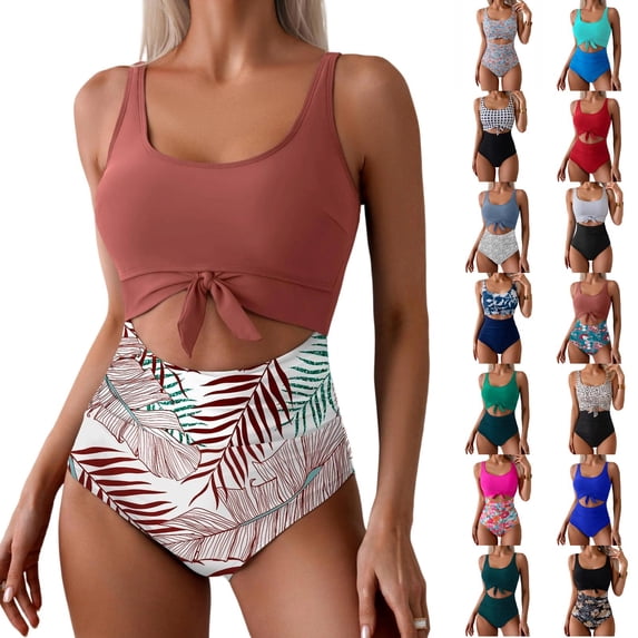 Women's One-Piece Swimsuit, Square Neck Tie Front Cutout Monokini with Tropical Print for Swimming and Beach Sky Blue XL