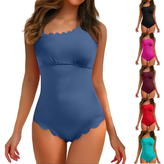 Women's One Piece Swimsuit Summer Adjustable Strap Bathing Suit Scalloped Ribbed High Cut Swimsuits Bikini Swimwear Blue L