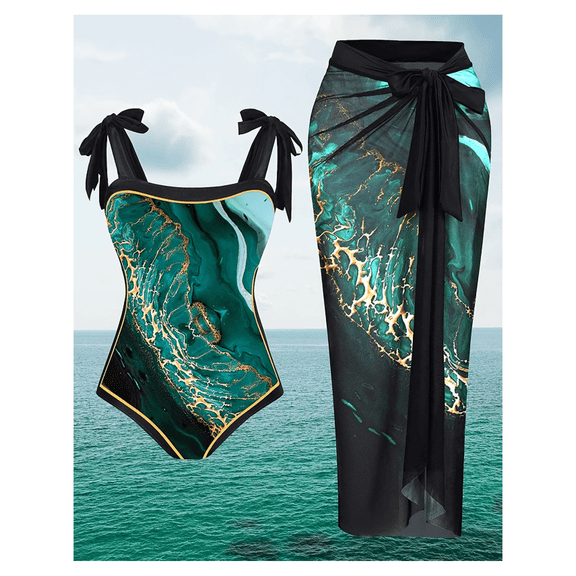 Women's One Piece Swimsuit Tropical Print Bathing Suit - Elegant Resort Wear Swimwear Two Piece Set with Skirt; UPF 50+ Sun Protection; Quick Dry