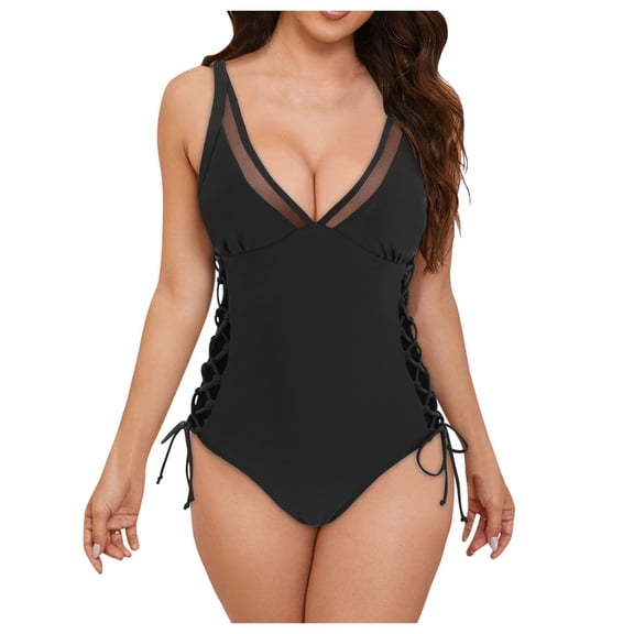 Women's One Piece Swimsuit Tummy Control Bathing Suit V Neck Swim Suits 2026 (Black, M)