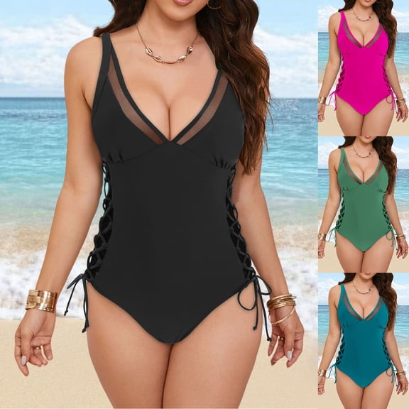 Women's One Piece Swimsuit Tummy Control Bathing Suit V Neck Swim Suits 2026 (Dark Green, XL)