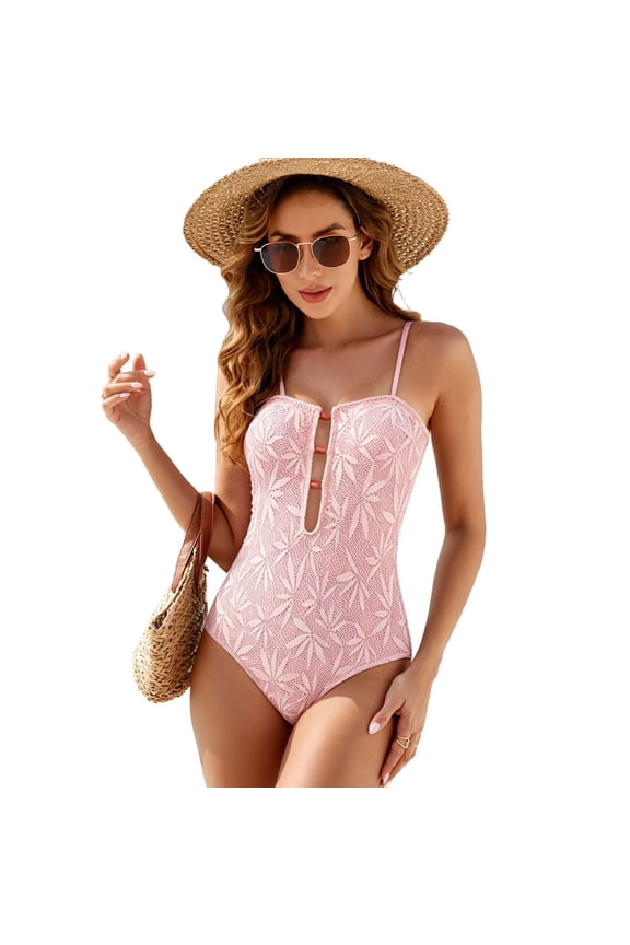 Women's One Piece Swimsuit Tummy Control Ruched Bathing Suit Bohemian Backless Full Coverage Slimming Swimwear Pink