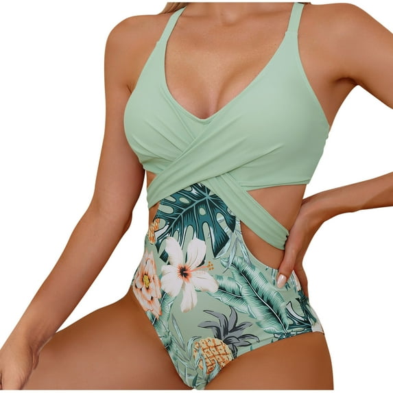 Women's One Piece Swimsuit Tummy Control Slimming Bathing Suit Cutout Tropical Printed Swimwear