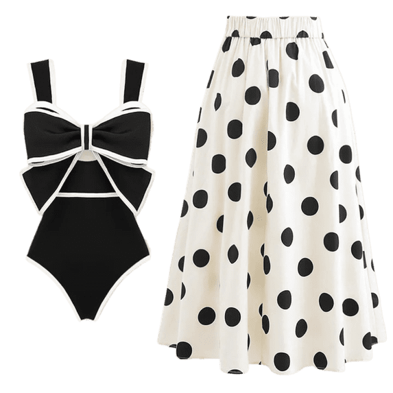 Women's One Piece Swimsuit with Conservative Covering Lace Up Skirt Big Bow Bikini Set for Summer Beach Wear