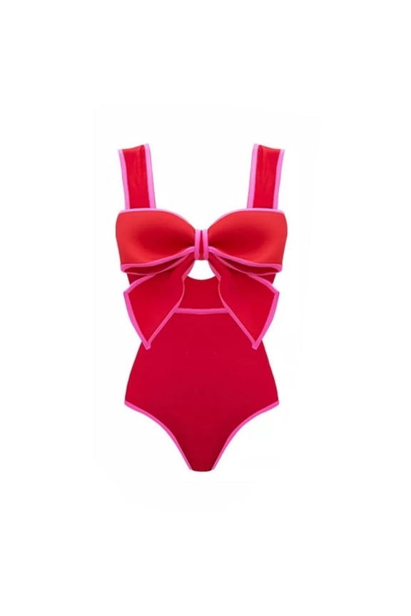 Women's One Piece Swimsuit with Conservative Covering Lace Up Skirt Big Bow Bikini Set for Summer Beach Wear