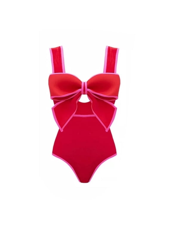 Women's One Piece Swimsuit with Conservative Covering Lace Up Skirt Big Bow Bikini Set for Summer Beach Wear