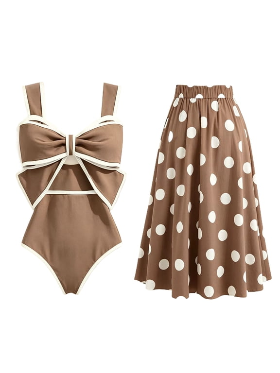 Women's One Piece Swimsuit with Conservative Covering Skirt Bathing Suit Set for Summer Beach Wear