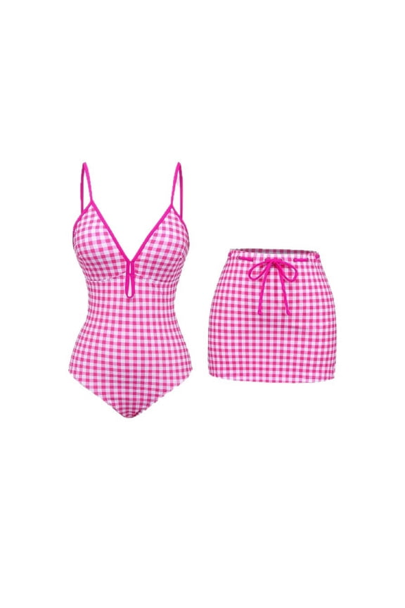Women's One Piece Swimsuit with Skirt V Neck Plaid Bikini Front Cut Out Two Piece Bathing Suit 2026 Trendy