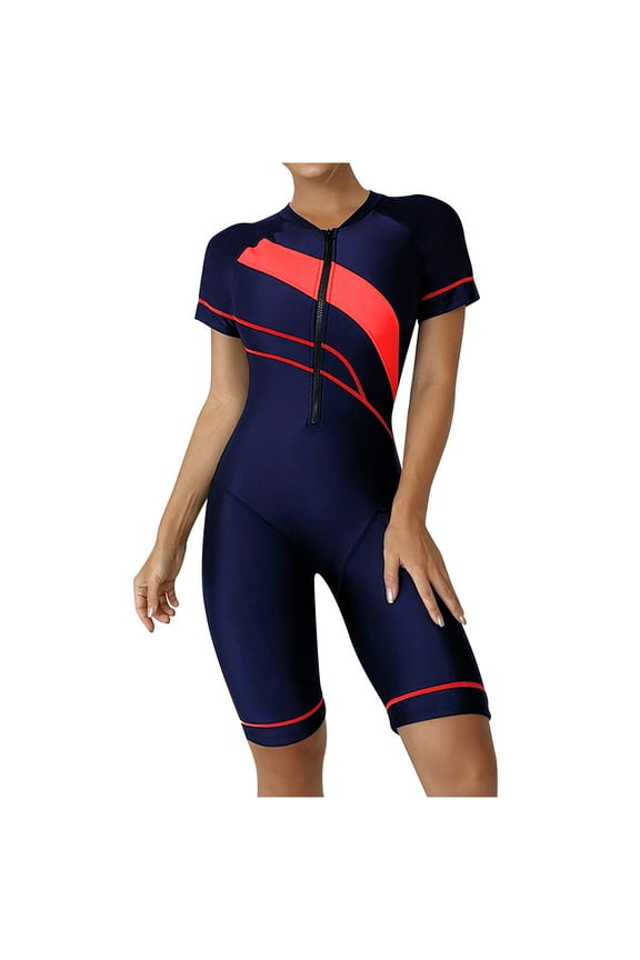 Women's One Piece Swimsuits Front Zip Swimsuit Top Short Sleeve Wetsuit Surfwear Knee Length Swimsuit Sport Pro Swimsuit