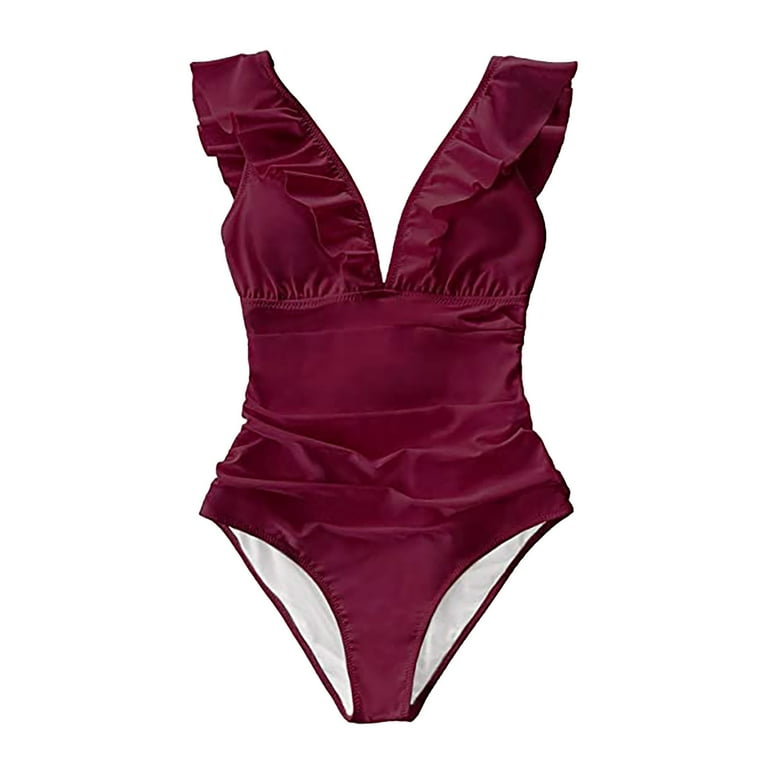 Women s One Piece Swimsuits Ladies Summer Deep V Neck Ruffle Trim
