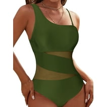 Women's One Piece Swimsuits One Shoulder Tummy Control Bathing Suit Mesh Swimwear