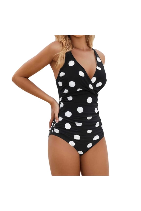 Women's One-Piece Swimsuits Polka Dot Print V Neck Flattering High Waisted Sleeveless One Piece Swimsuit Womens Swimwear Black M