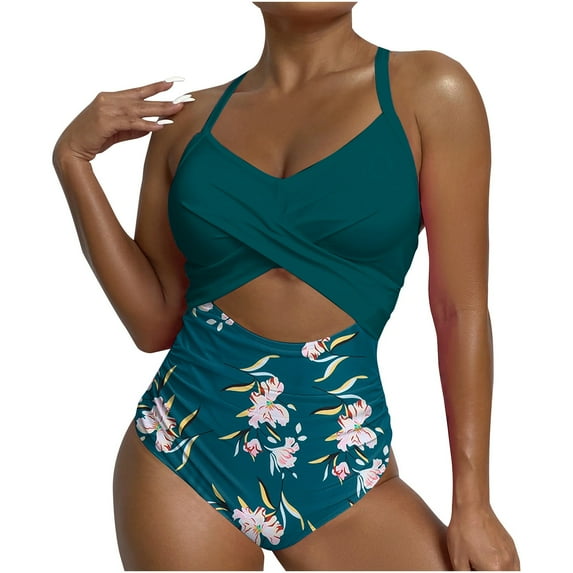 Women's One Piece Swimsuits Tummy Control Cutout High Waisted Bathing Suit Wrap Tie Back 1 Piece Swimsuit