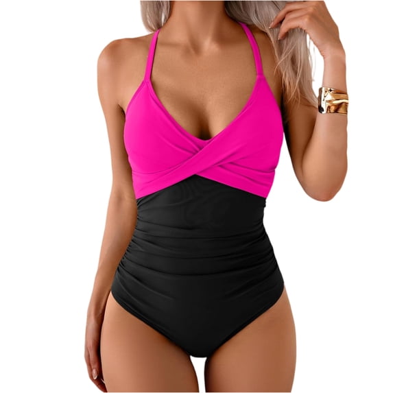 Women's One Piece Swimsuits Tummy Control Front Cross Bathing Suits Tie Back Slimming V Neck Solid Color Swimwear Dark Gray M