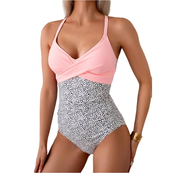 Women's One Piece Swimsuits Tummy Control Front Cross Bathing Suits Tie Back Slimming V Neck Solid Color Swimwear Pink 2XL