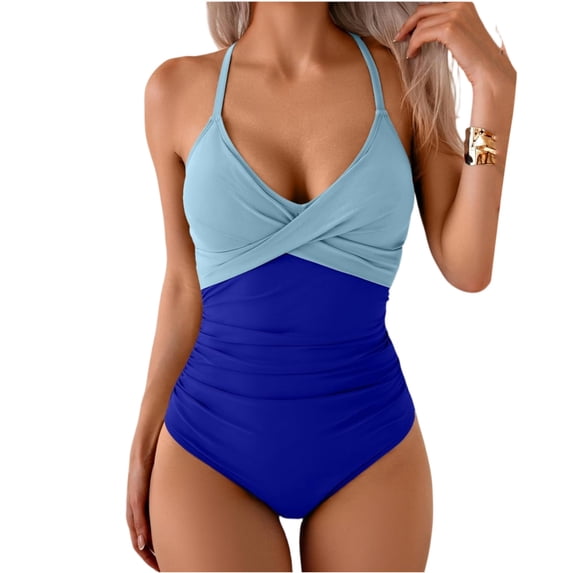 Women's One Piece Swimsuits Tummy Control Front Cross Bathing Suits Tie Back Slimming V Neck Solid Color Swimwear Sky Blue XL