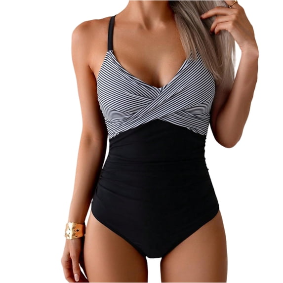 Women's One Piece Swimsuits Tummy Control Front Cross Bathing Suits Tie Back Slimming V Neck Solid Color Swimwear Zebra L