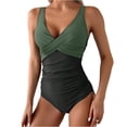 thumbnail image 1 of Women's One Piece Swimsuits Tummy Control Front Cross Bathing Suits Tie Back Slimming V Neck Swimwear Dark Green M, 1 of 5