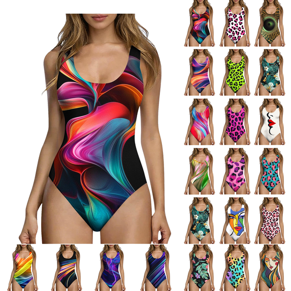 Women's One Piece Swimsuits Tummy Control Printed Swimwear With Chest Cushion And No Steel Support Backless Strap Slimming Bathing Suits For Women