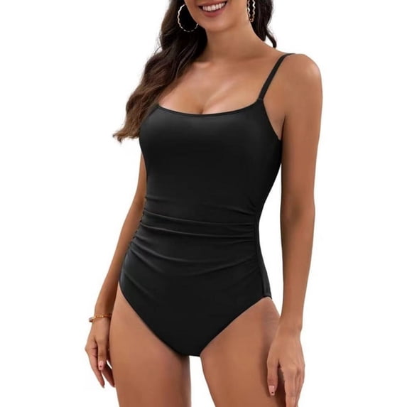 Women's One Piece Swimsuits Tummy Control Ruched Adjustable Straps Bathing Suit One-Piece Swimwear Black L