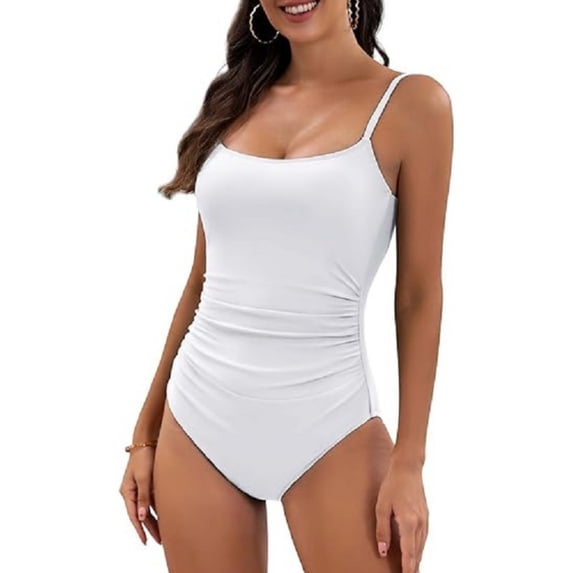 Women's One Piece Swimsuits Tummy Control Ruched Adjustable Straps Bathing Suit One-Piece Swimwear White L