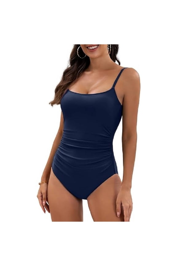 Women's One Piece Swimsuits Tummy Control Ruched Bathing Suit One-Piece Swimwear Navy S