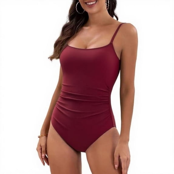 Women's One Piece Swimsuits Tummy Control Ruched Bathing Suit One-Piece Swimwear Wine 2XL
