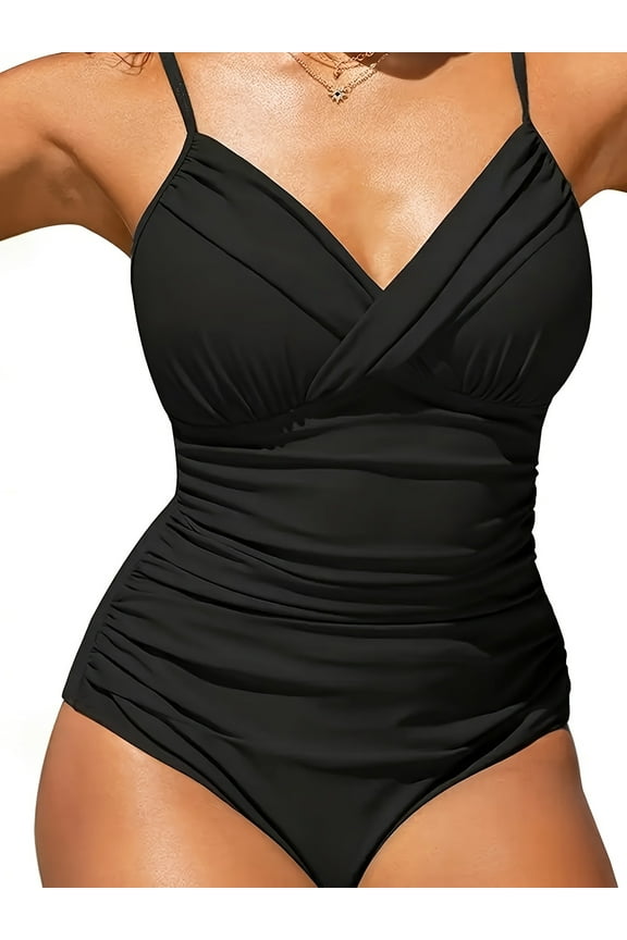 Women's One Piece Swimsuits Tummy Control Ruched Swimwear Solid Color V Neck Bathing Suit Black XL