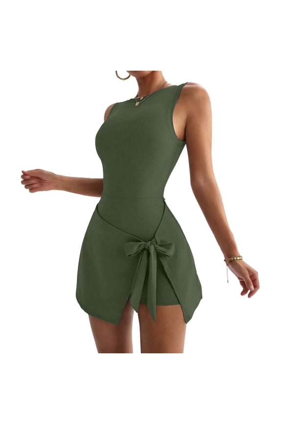 Women's One Piece Tennis Dresses Sleeveless Mini Skirt Set Tie Waist Romper Shorts Workout Athletic Golf Outfits Army Green