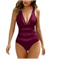thumbnail image 1 of Husipze Women's One Piece Tummy Control Swimsuits Mesh Sexy Bathing Suits Hollowed Out Slim V Neck Swimwear Wine M, 1 of 4