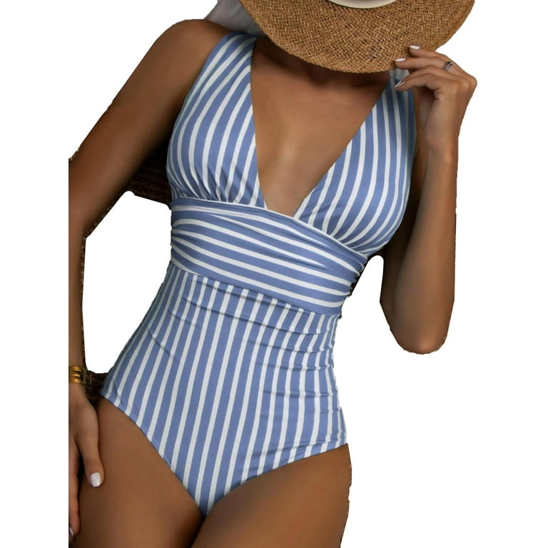 Women s One Pieces Striped Cute Swimsuit Plunge Neck Dusty Blue XL 12 Walmart